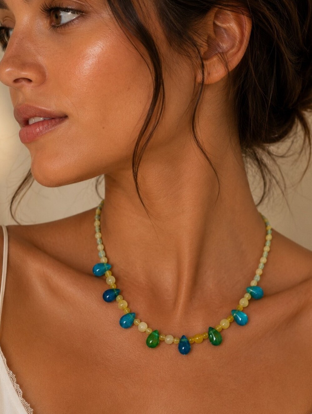 HANDMADE Yellow Jade Czech Lampwork Art Glass Teardrop Beaded Festival Necklace